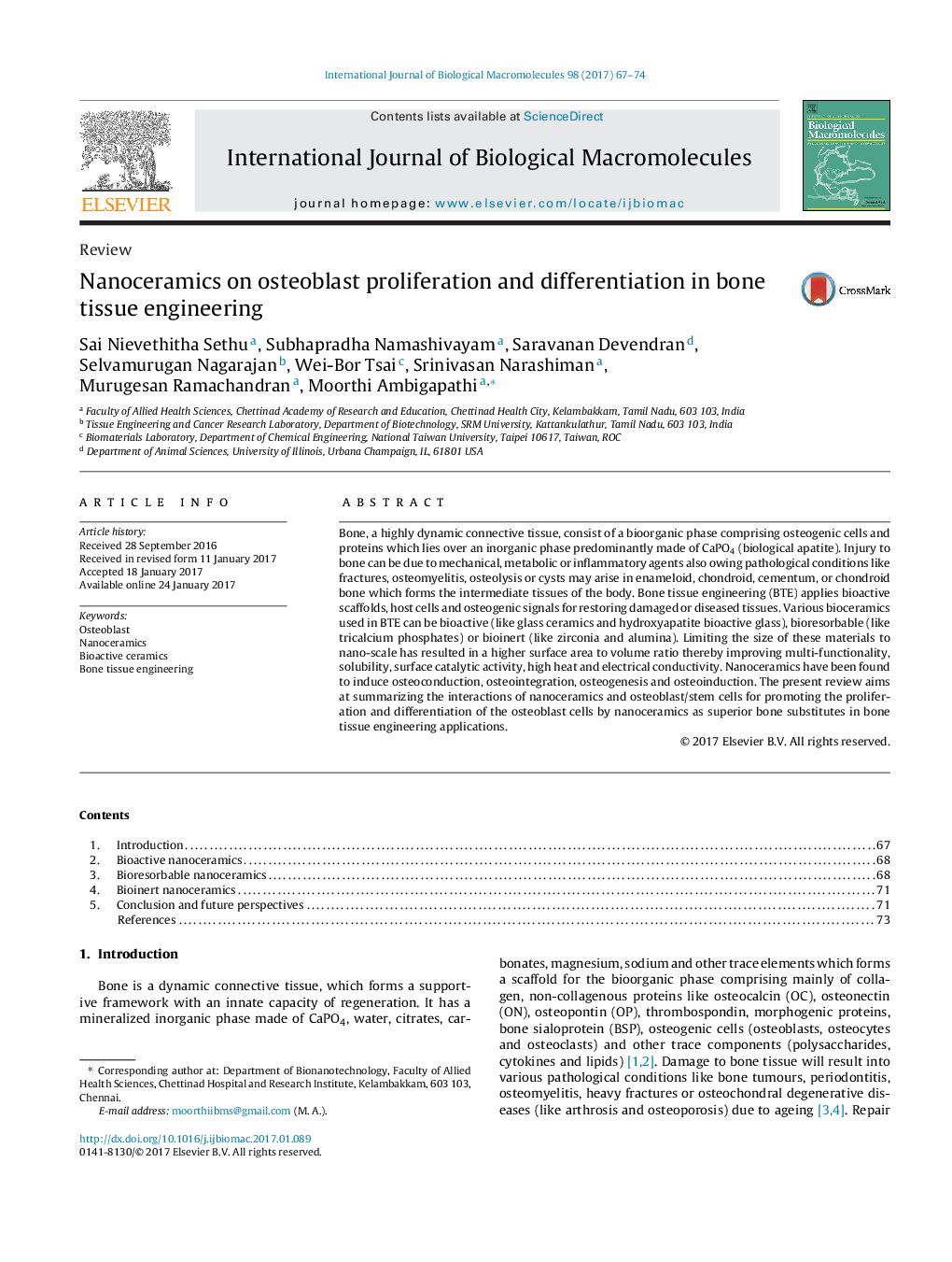 ReviewNanoceramics on osteoblast proliferation and differentiation in bone tissue engineering