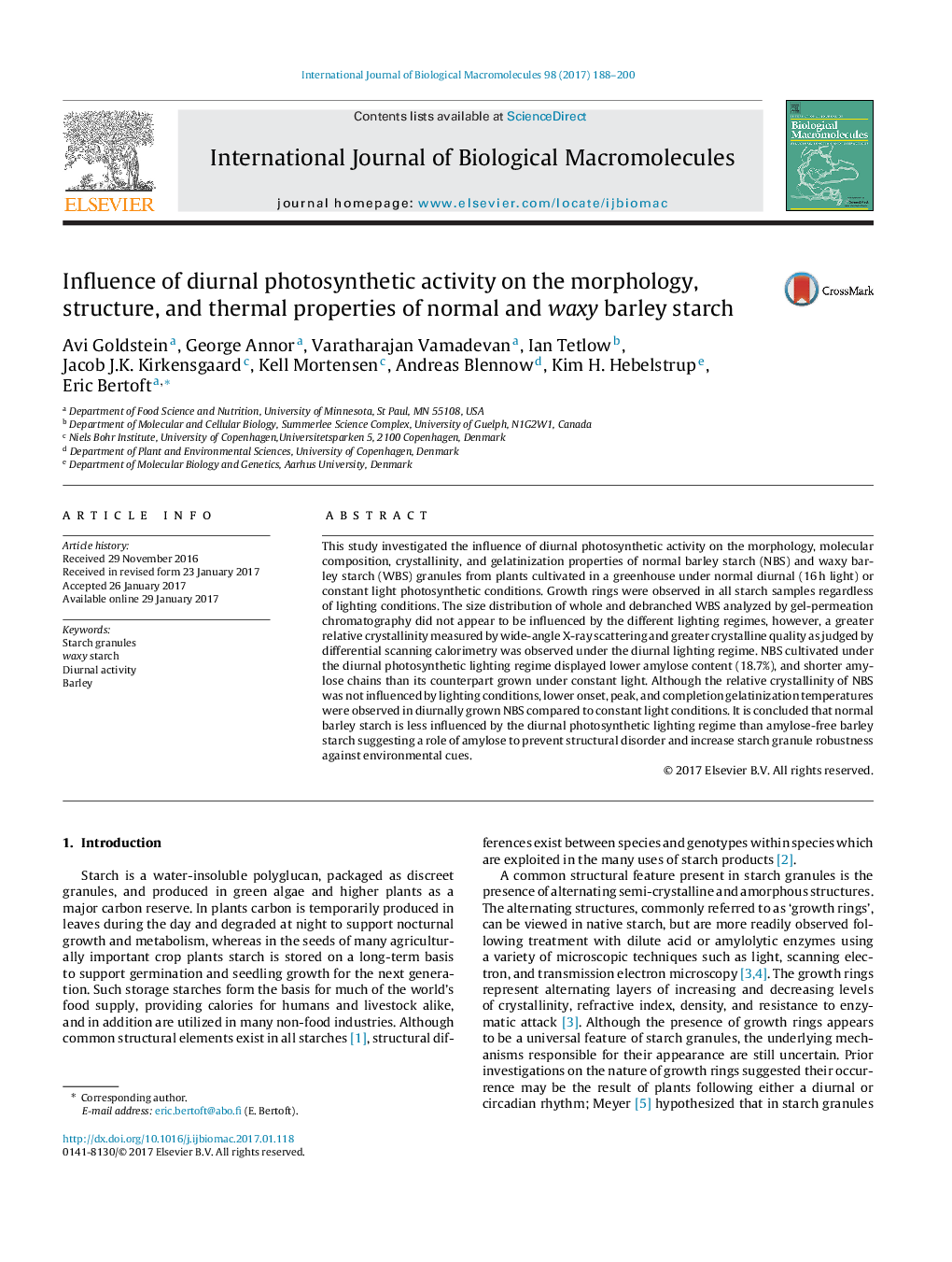 Influence of diurnal photosynthetic activity on the morphology, structure, and thermal properties of normal and waxy barley starch