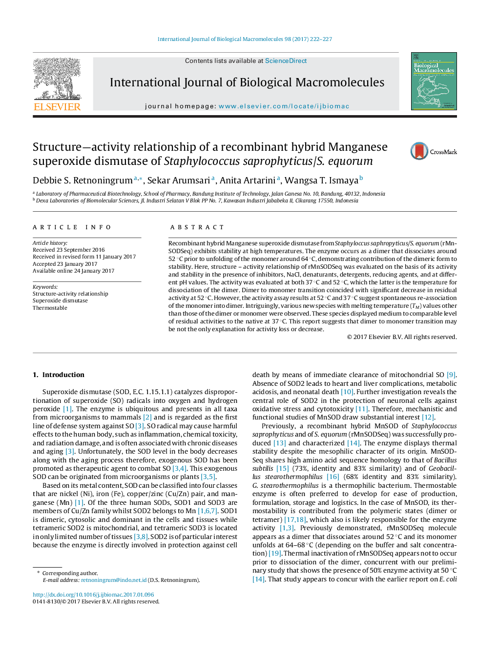 Structure-activity relationship of a recombinant hybrid Manganese superoxide dismutase of Staphylococcus saprophyticus/S. equorum