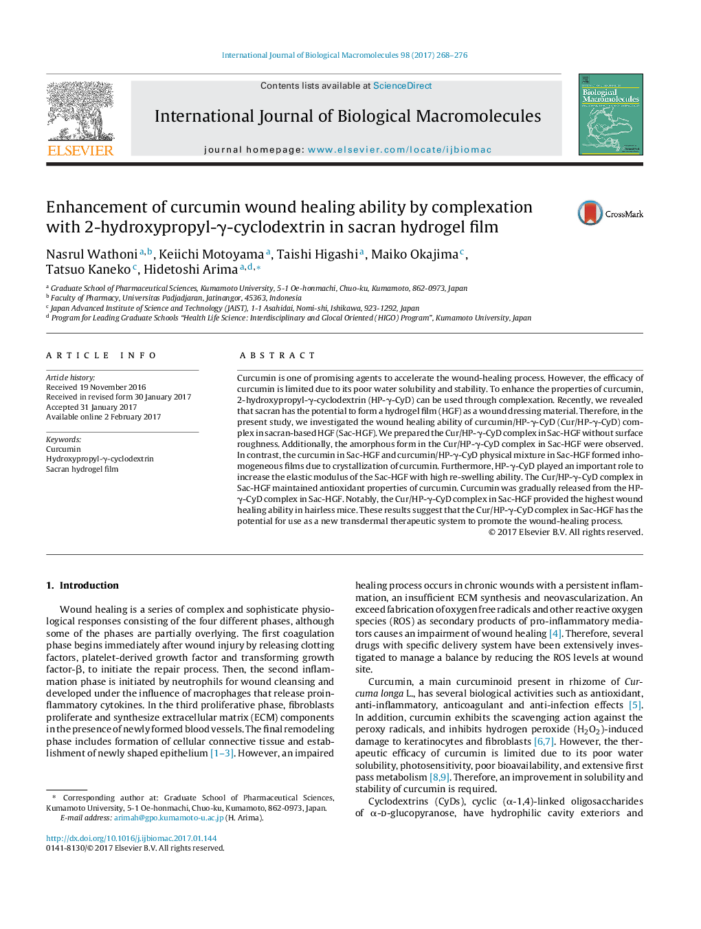 Enhancement of curcumin wound healing ability by complexation with 2-hydroxypropyl-Î³-cyclodextrin in sacran hydrogel film