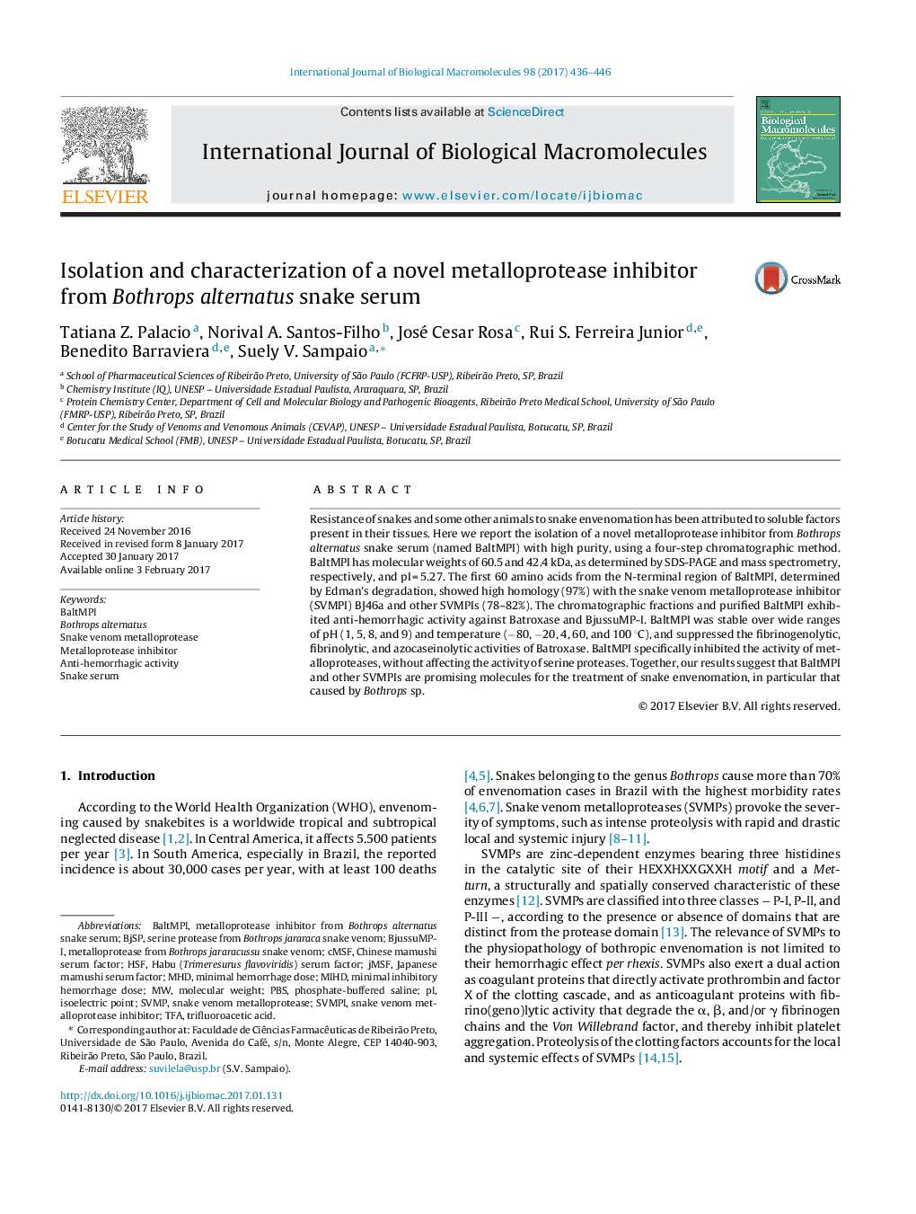 Isolation and characterization of a novel metalloprotease inhibitor from Bothrops alternatus snake serum