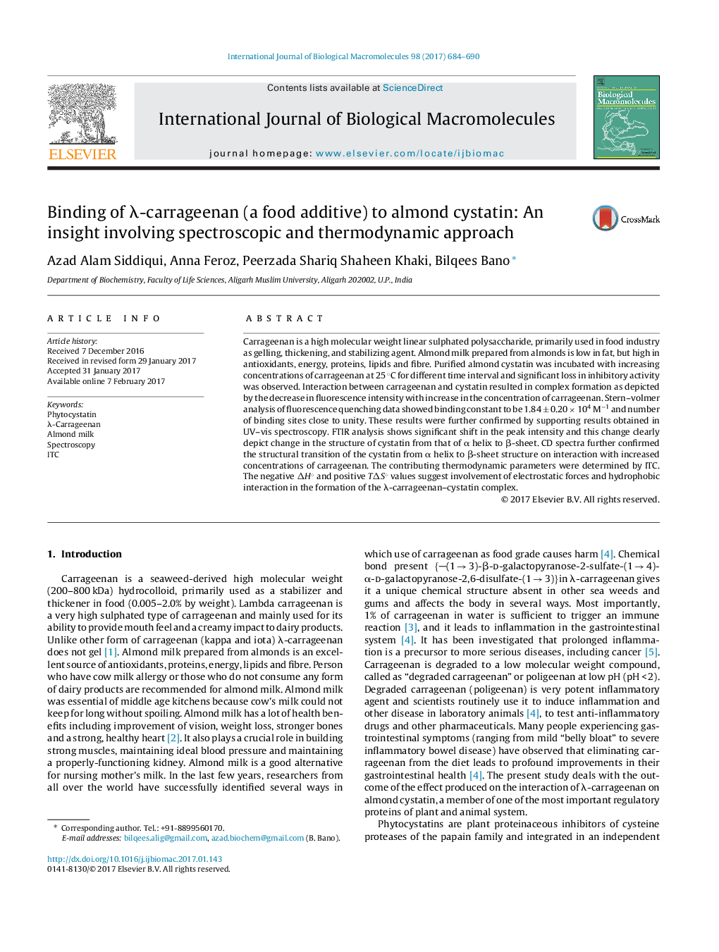 Binding of Î»-carrageenan (a food additive) to almond cystatin: An insight involving spectroscopic and thermodynamic approach