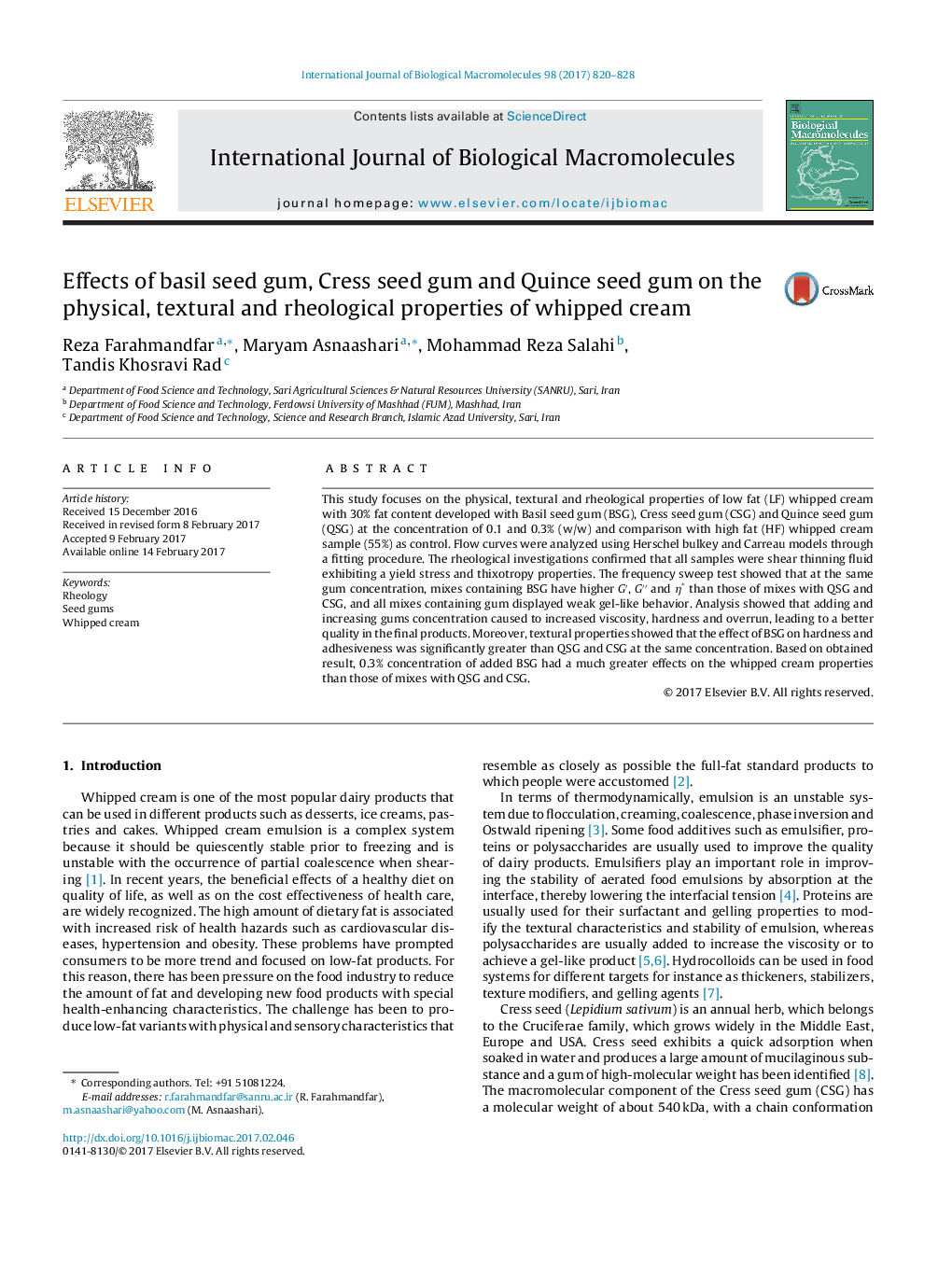 Effects of basil seed gum, Cress seed gum and Quince seed gum on the physical, textural and rheological properties of whipped cream