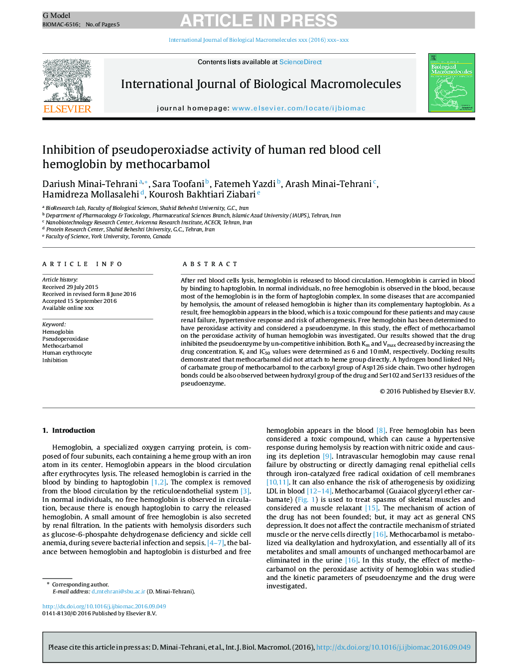 Inhibition of pseudoperoxiadse activity of human red blood cell hemoglobin by methocarbamol