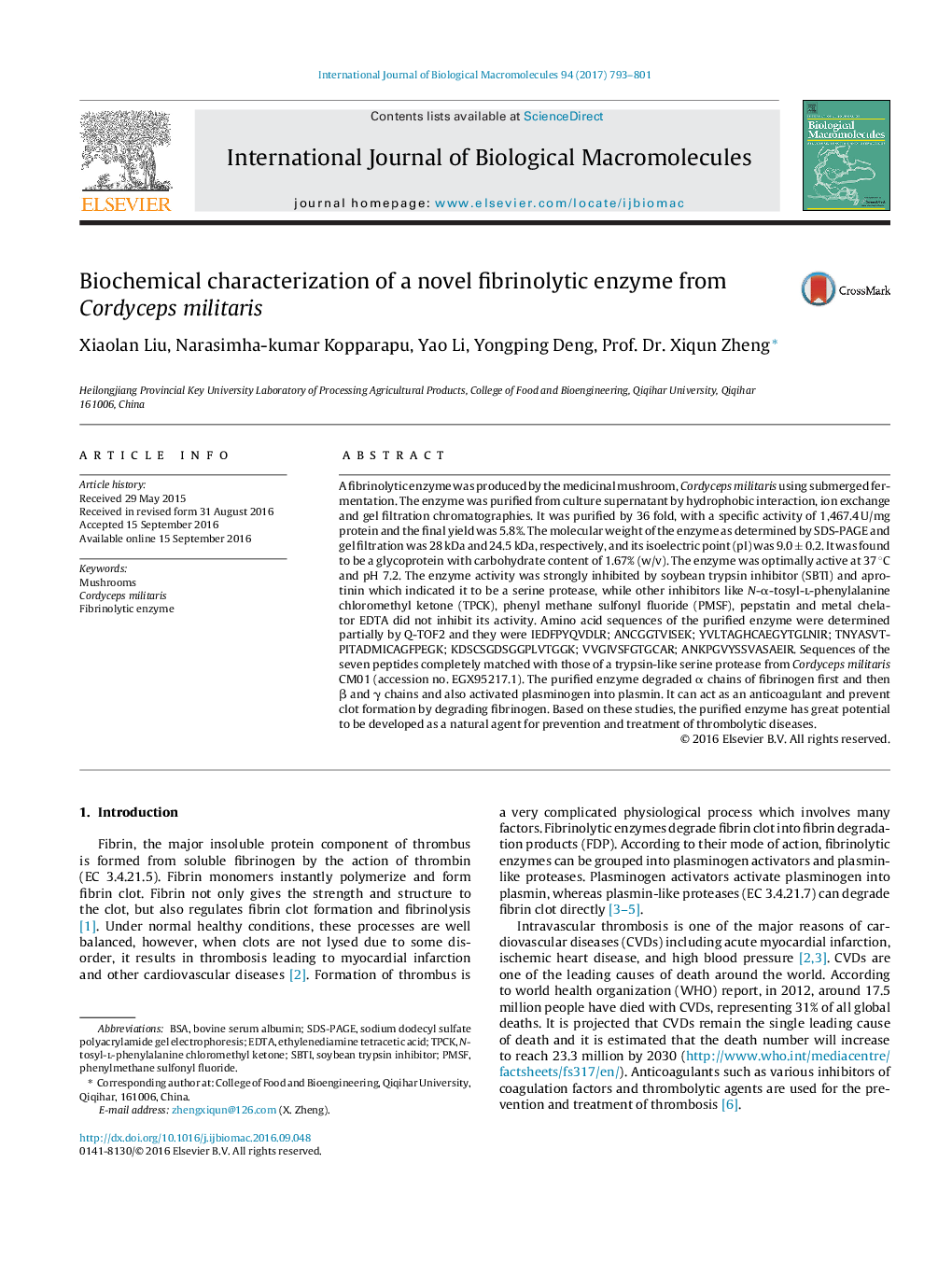 Biochemical characterization of a novel fibrinolytic enzyme from Cordyceps militaris