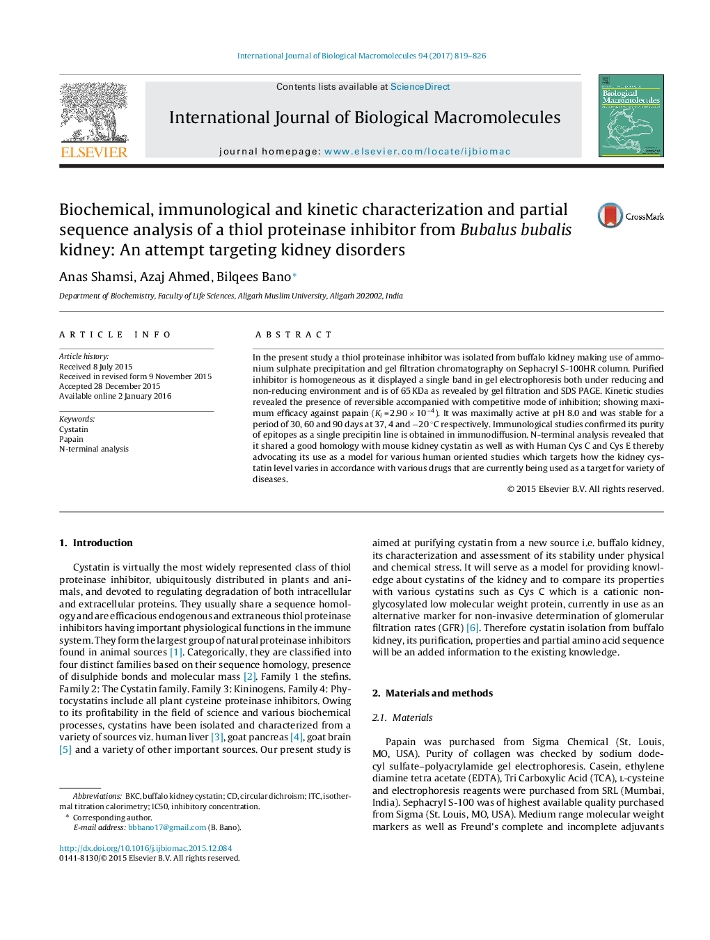 Biochemical, immunological and kinetic characterization and partial sequence analysis of a thiol proteinase inhibitor from Bubalus bubalis kidney: An attempt targeting kidney disorders