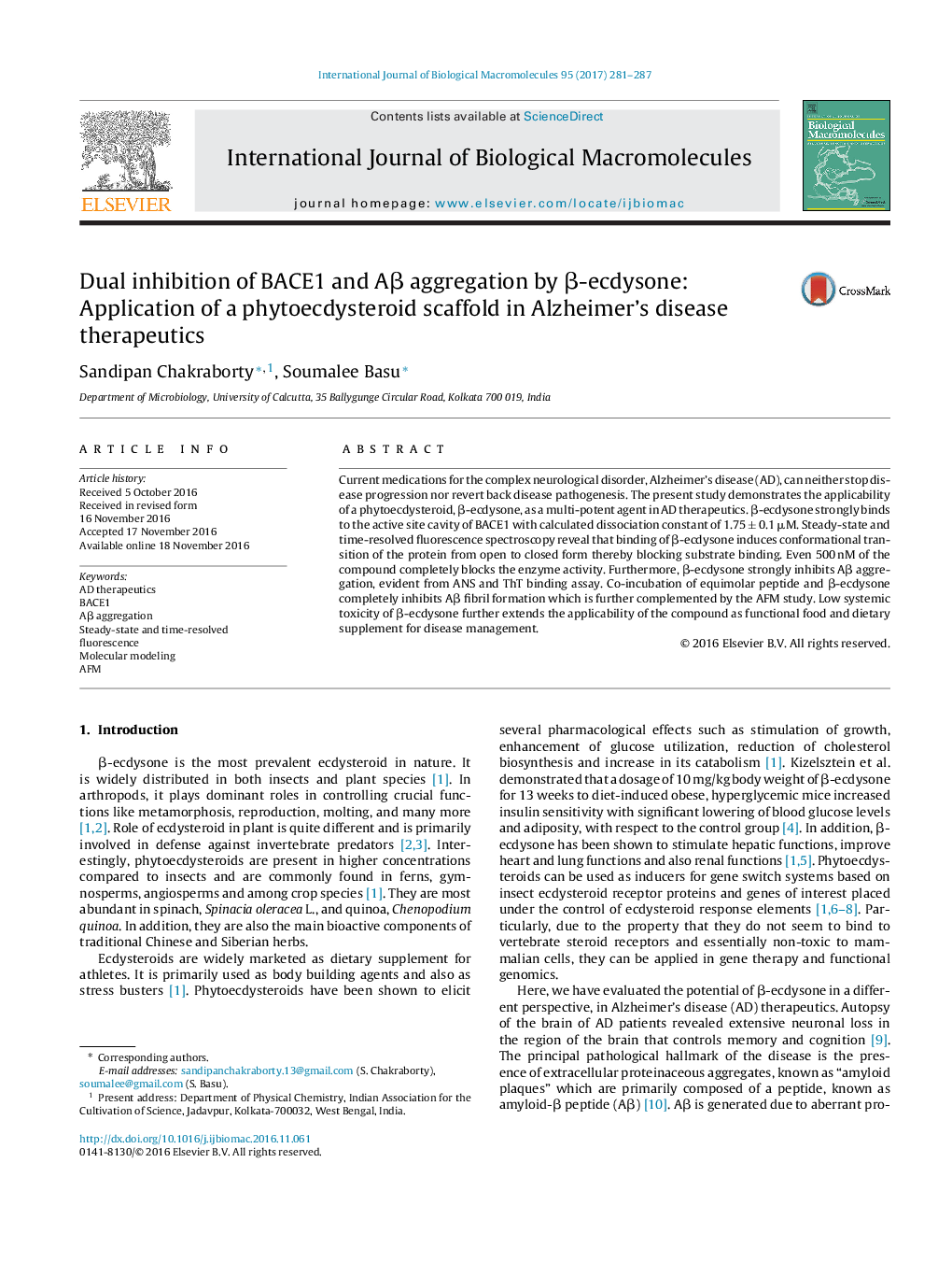 Dual inhibition of BACE1 and AÎ² aggregation by Î²-ecdysone: Application of a phytoecdysteroid scaffold in Alzheimer's disease therapeutics