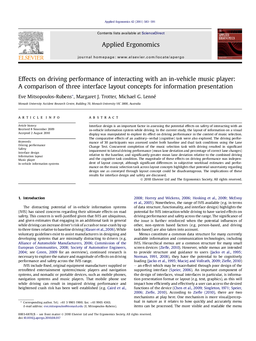 Effects on driving performance of interacting with an in-vehicle music player: A comparison of three interface layout concepts for information presentation