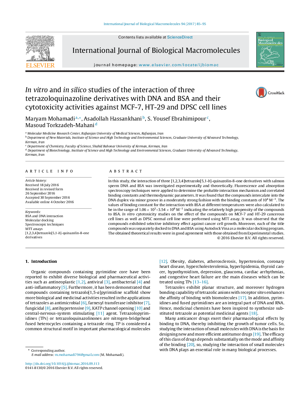 In vitro and in silico studies of the interaction of three tetrazoloquinazoline derivatives with DNA and BSA and their cytotoxicity activities against MCF-7, HT-29 and DPSC cell lines