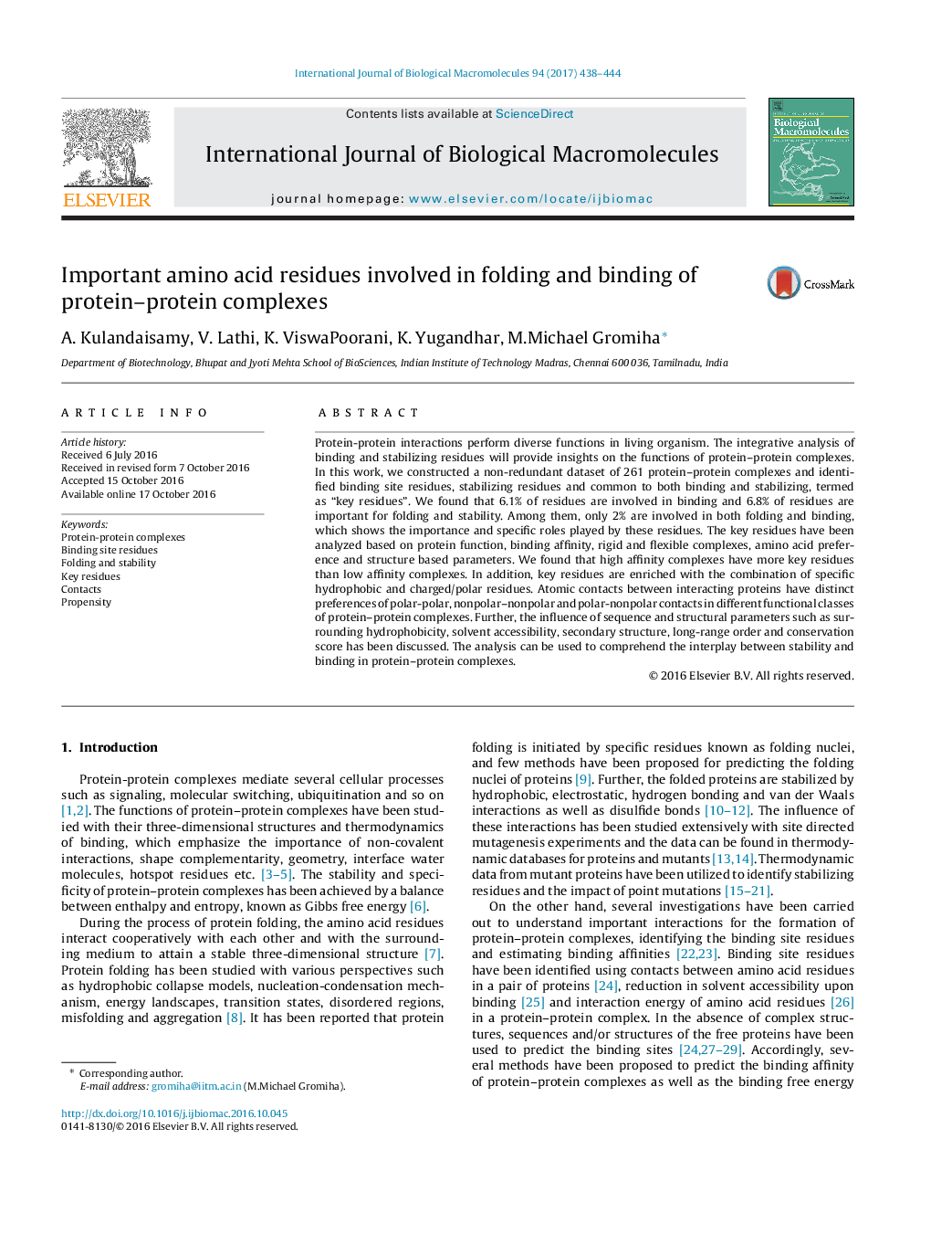 Important amino acid residues involved in folding and binding of protein-protein complexes