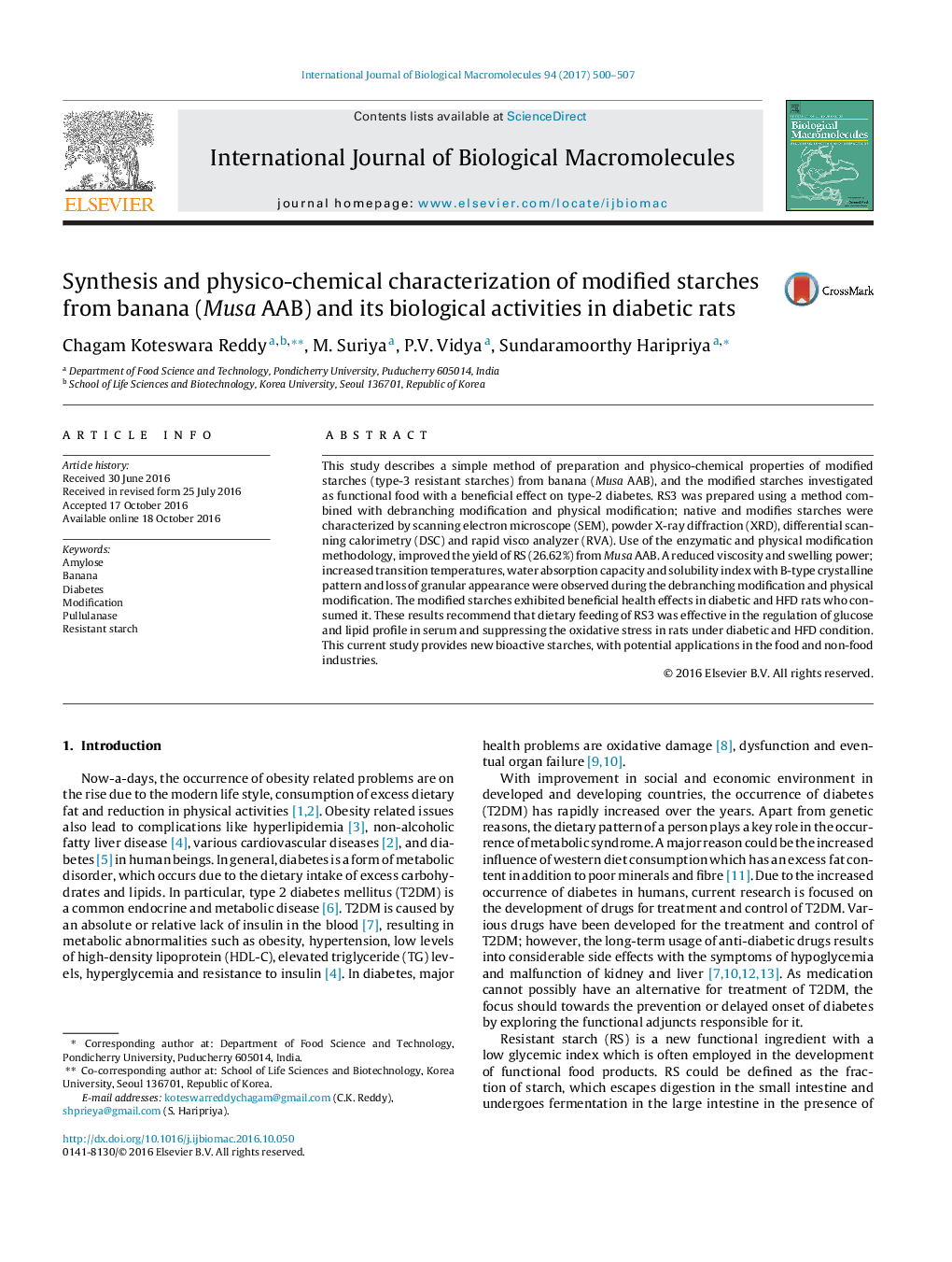 Synthesis and physico-chemical characterization of modified starches from banana (Musa AAB) and its biological activities in diabetic rats