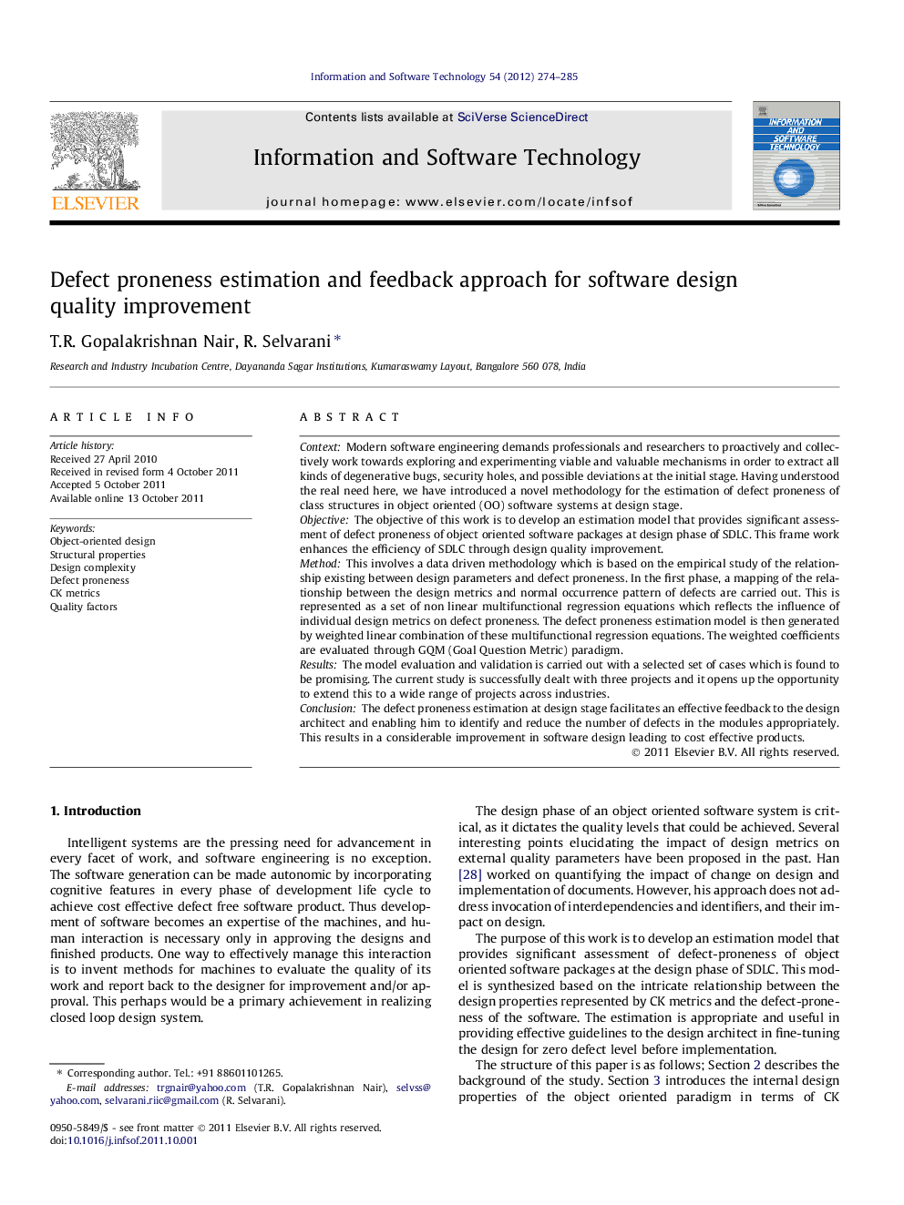 Defect proneness estimation and feedback approach for software design quality improvement