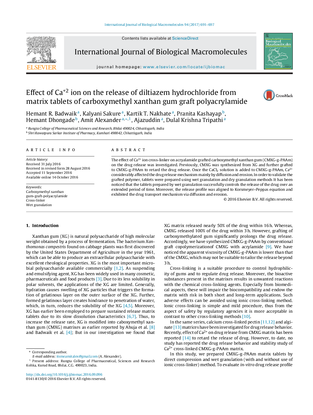 Effect of Ca+2 ion on the release of diltiazem hydrochloride from matrix tablets of carboxymethyl xanthan gum graft polyacrylamide