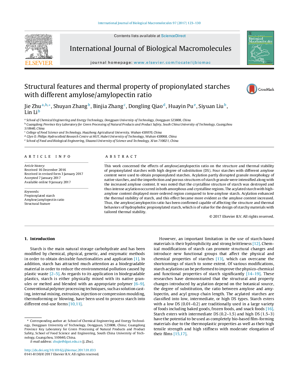 Structural features and thermal property of propionylated starches with different amylose/amylopectin ratio