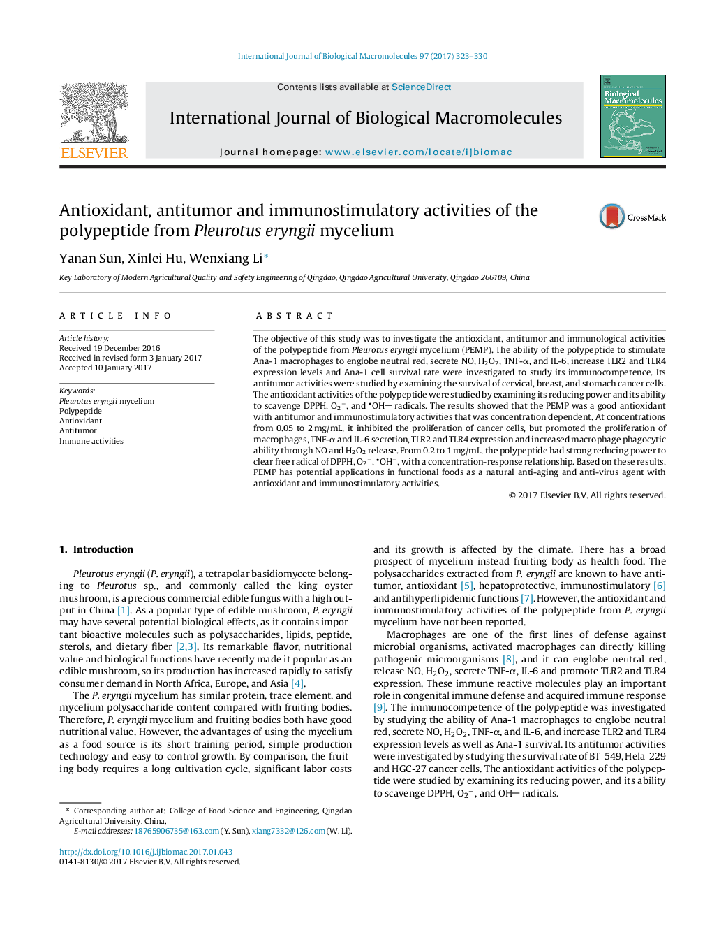 Antioxidant, antitumor and immunostimulatory activities of the polypeptide from Pleurotus eryngii mycelium