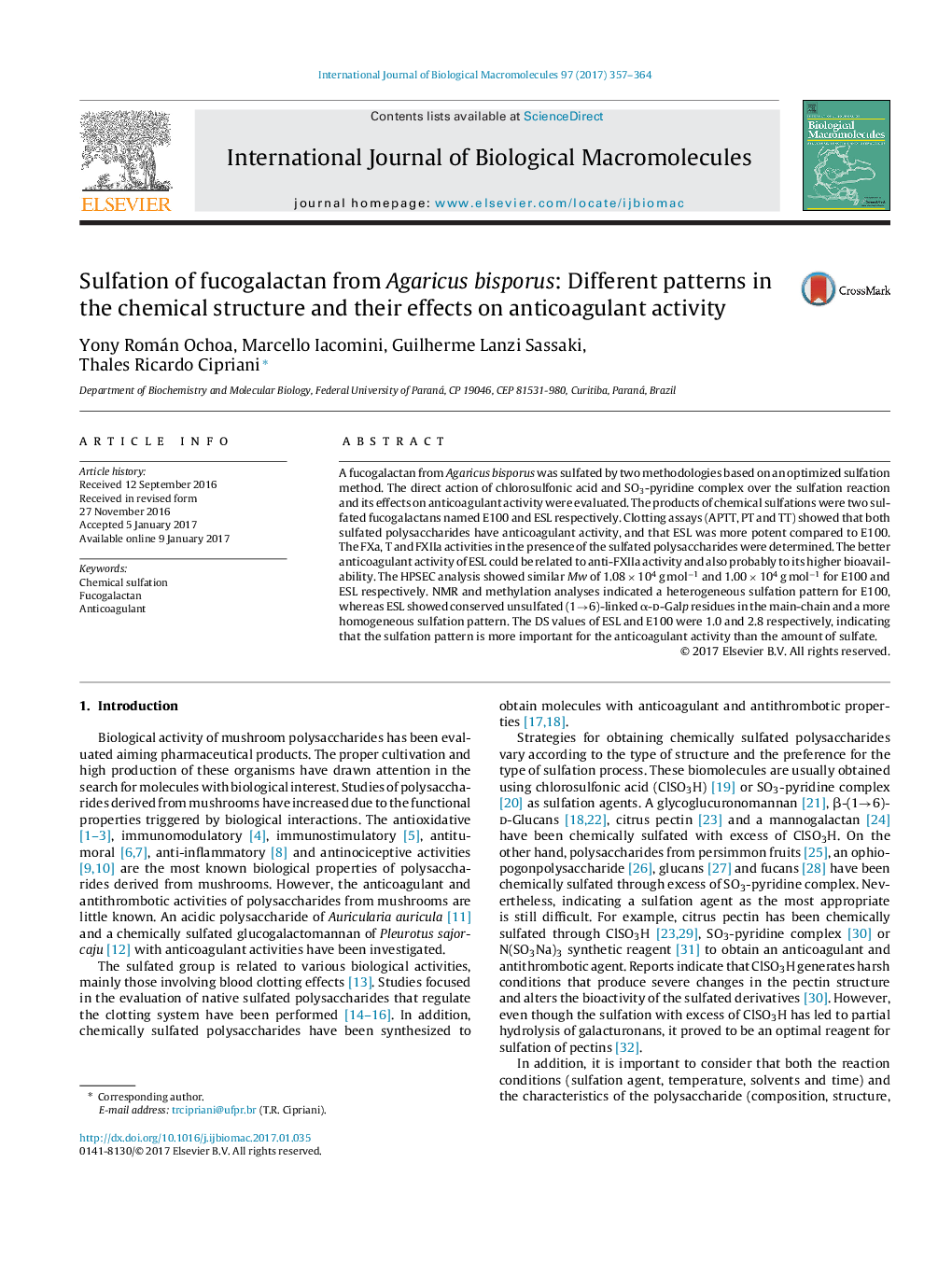 Sulfation of fucogalactan from Agaricus bisporus: Different patterns in the chemical structure and their effects on anticoagulant activity