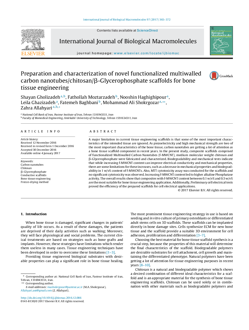 Preparation and characterization of novel functionalized multiwalled carbon nanotubes/chitosan/Î²-Glycerophosphate scaffolds for bone tissue engineering