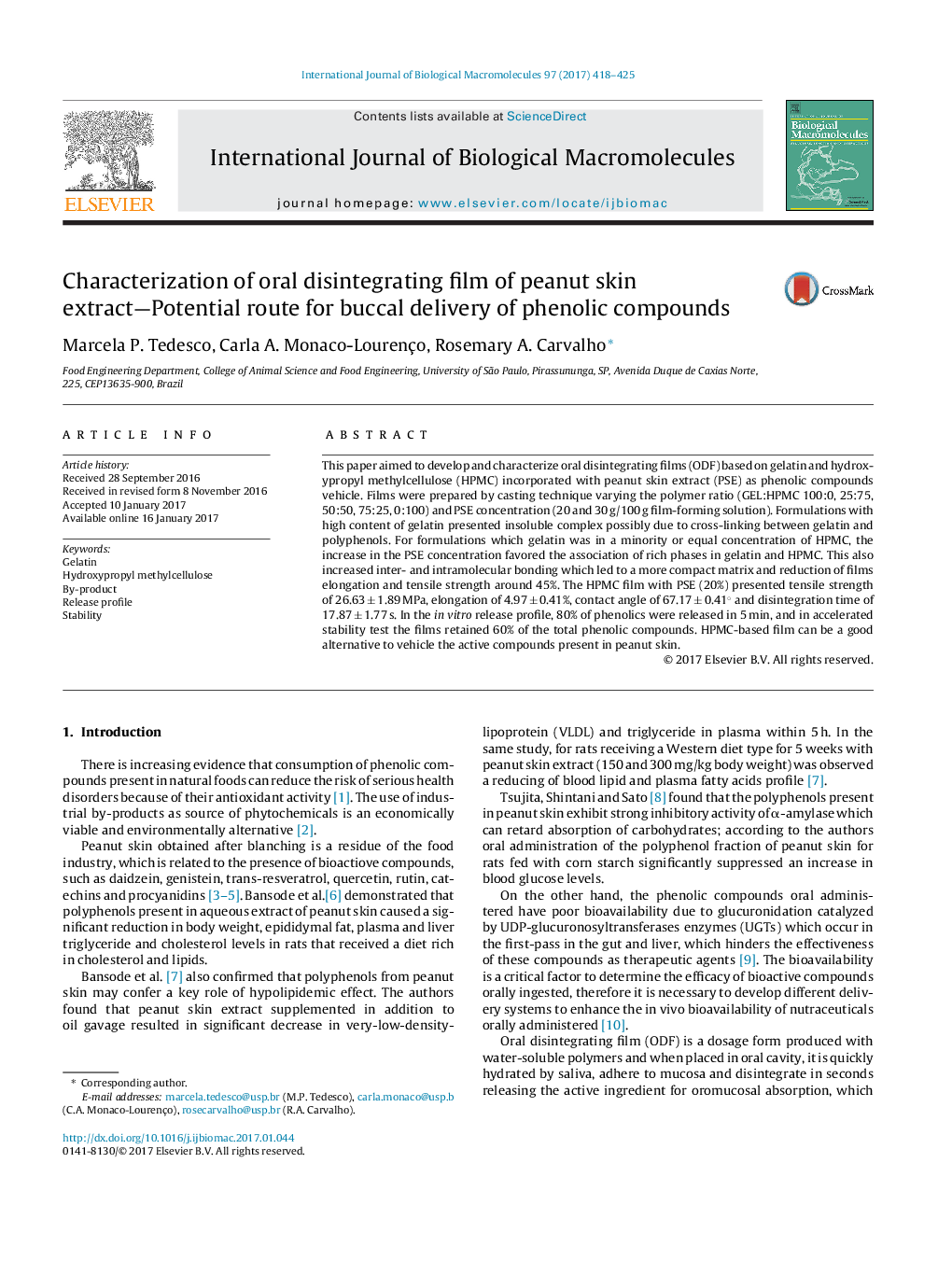 Characterization of oral disintegrating film of peanut skin extract-Potential route for buccal delivery of phenolic compounds