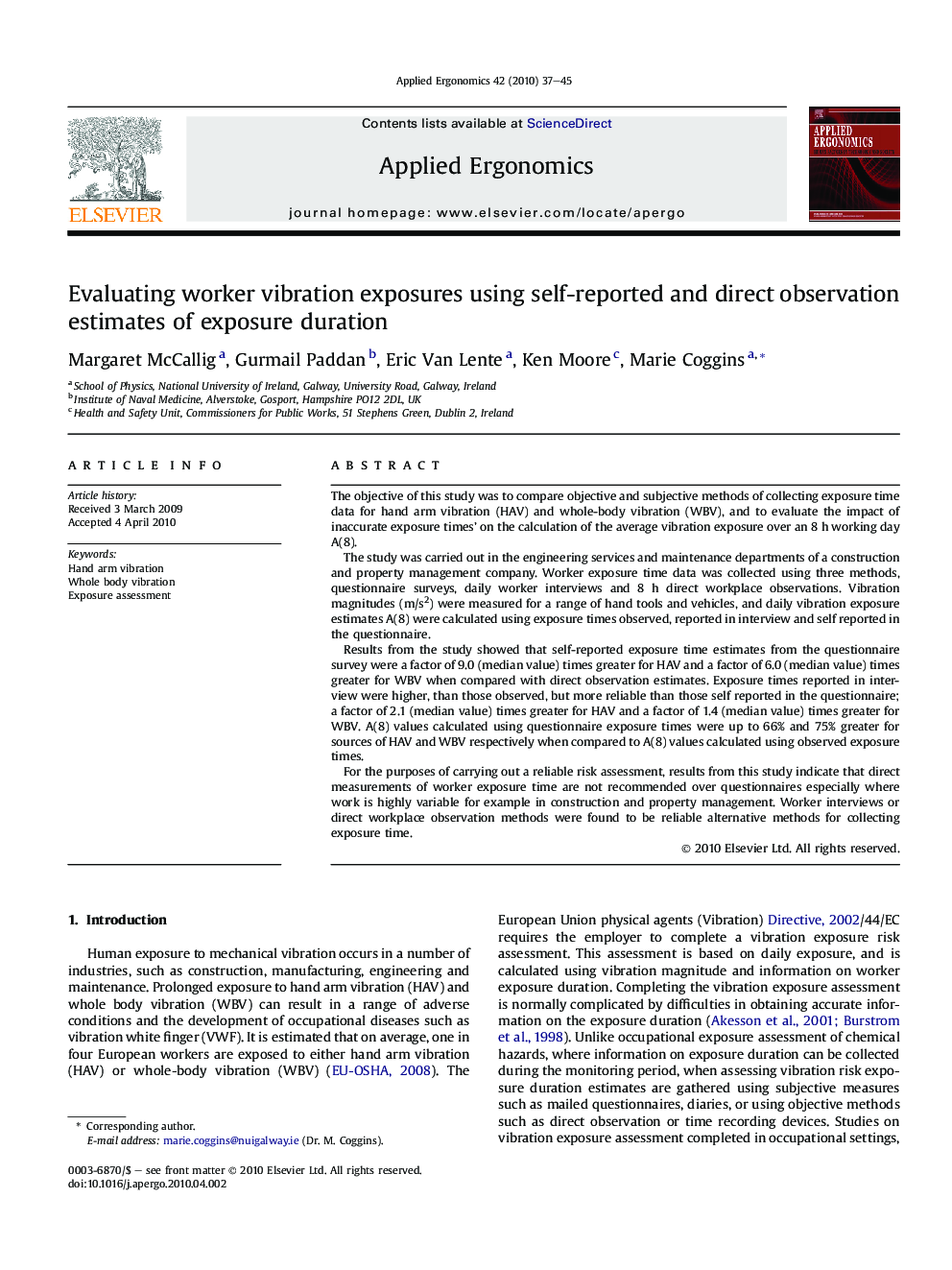 Evaluating worker vibration exposures using self-reported and direct observation estimates of exposure duration