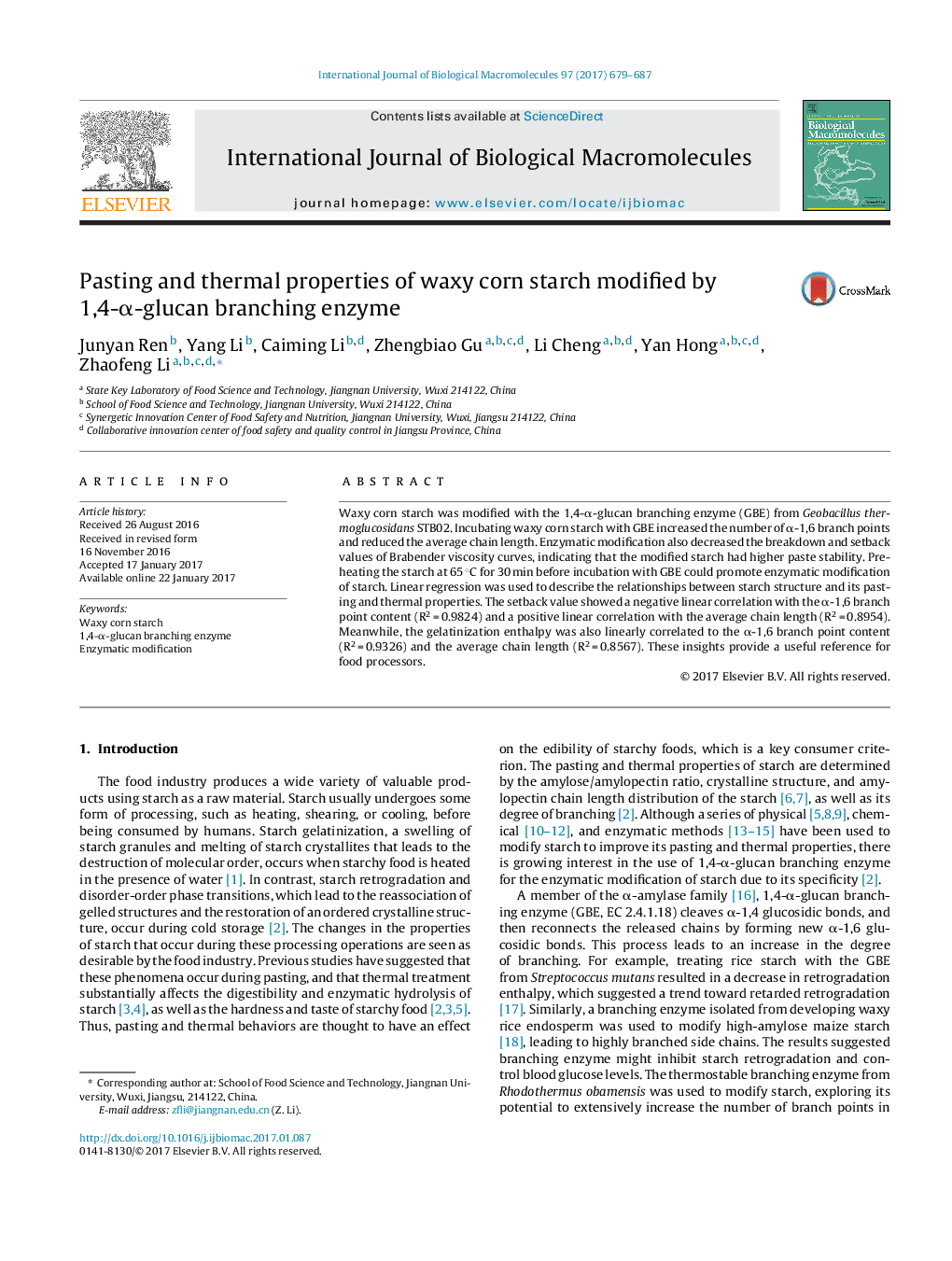 Pasting and thermal properties of waxy corn starch modified by 1,4-Î±-glucan branching enzyme