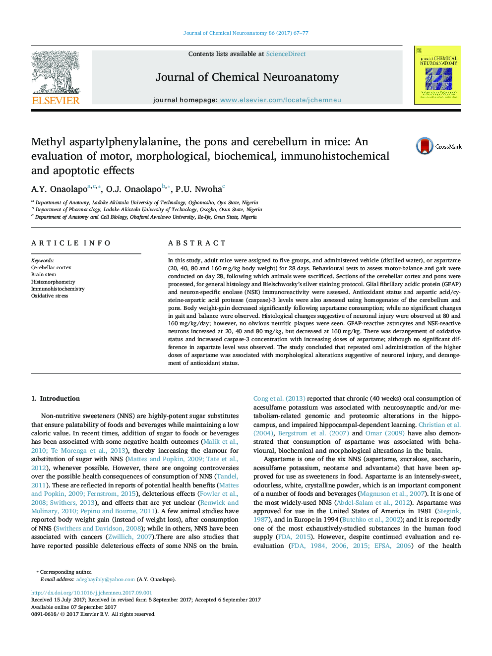 Methyl aspartylphenylalanine, the pons and cerebellum in mice: An evaluation of motor, morphological, biochemical, immunohistochemical and apoptotic effects