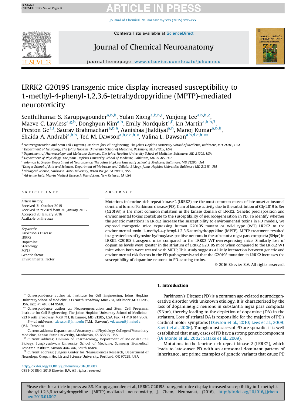 LRRK2 G2019S transgenic mice display increased susceptibility to 1-methyl-4-phenyl-1,2,3,6-tetrahydropyridine (MPTP)-mediated neurotoxicity