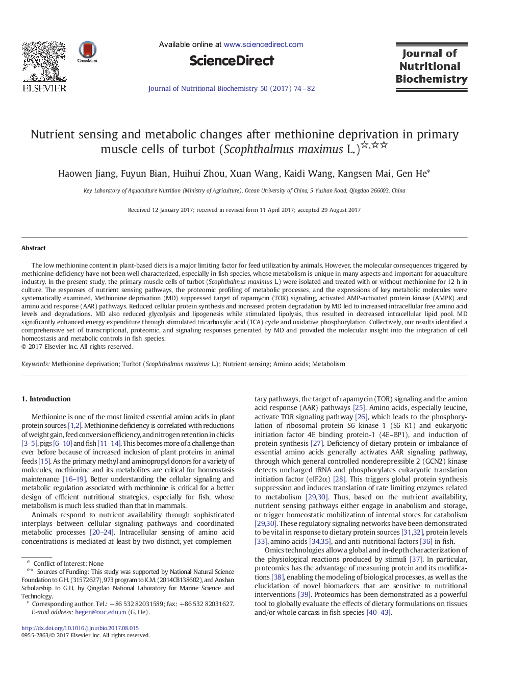 Nutrient sensing and metabolic changes after methionine deprivation in primary muscle cells of turbot (Scophthalmus maximus L.)