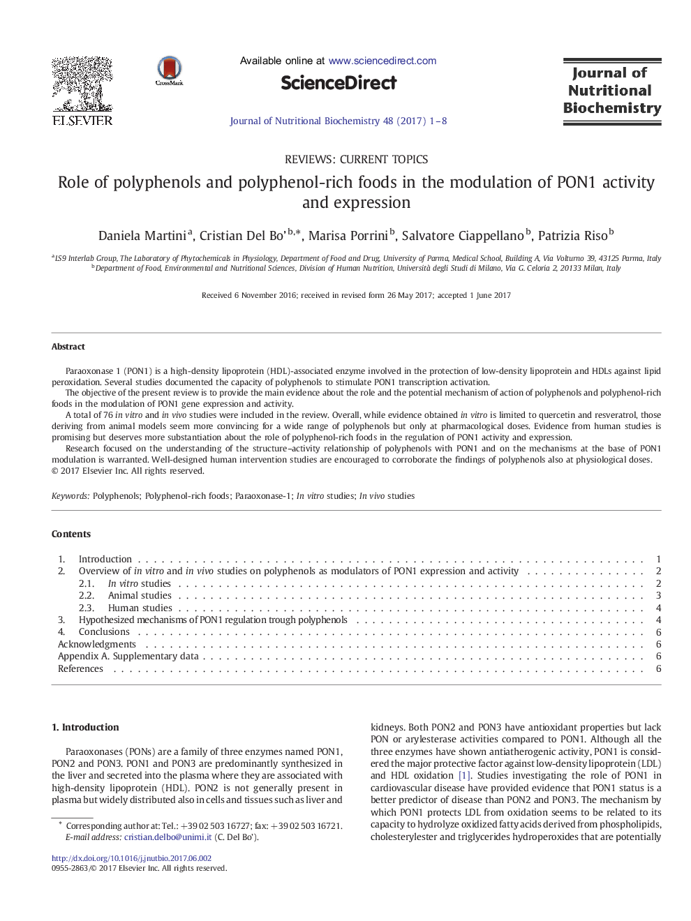 Role of polyphenols and polyphenol-rich foods in the modulation of PON1 activity and expression