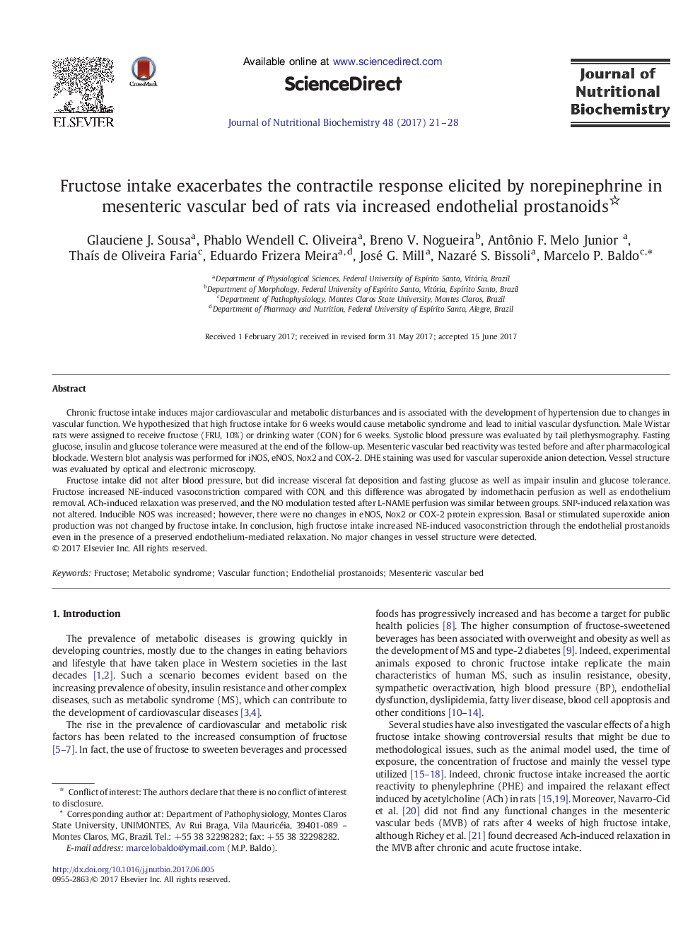 Fructose intake exacerbates the contractile response elicited by norepinephrine in mesenteric vascular bed of rats via increased endothelial prostanoids