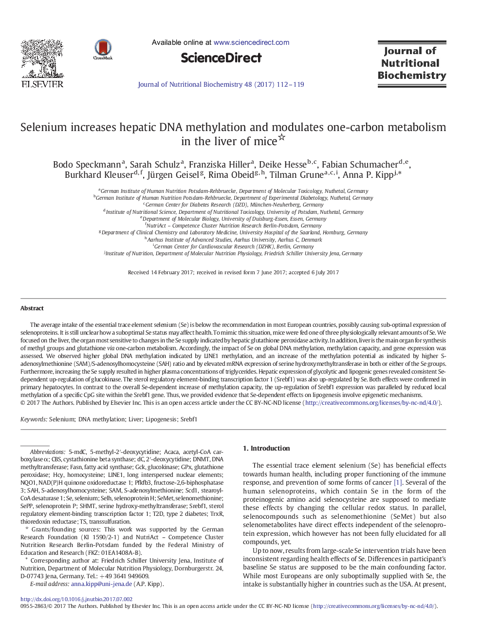 Selenium increases hepatic DNA methylation and modulates one-carbon metabolism in the liver of mice