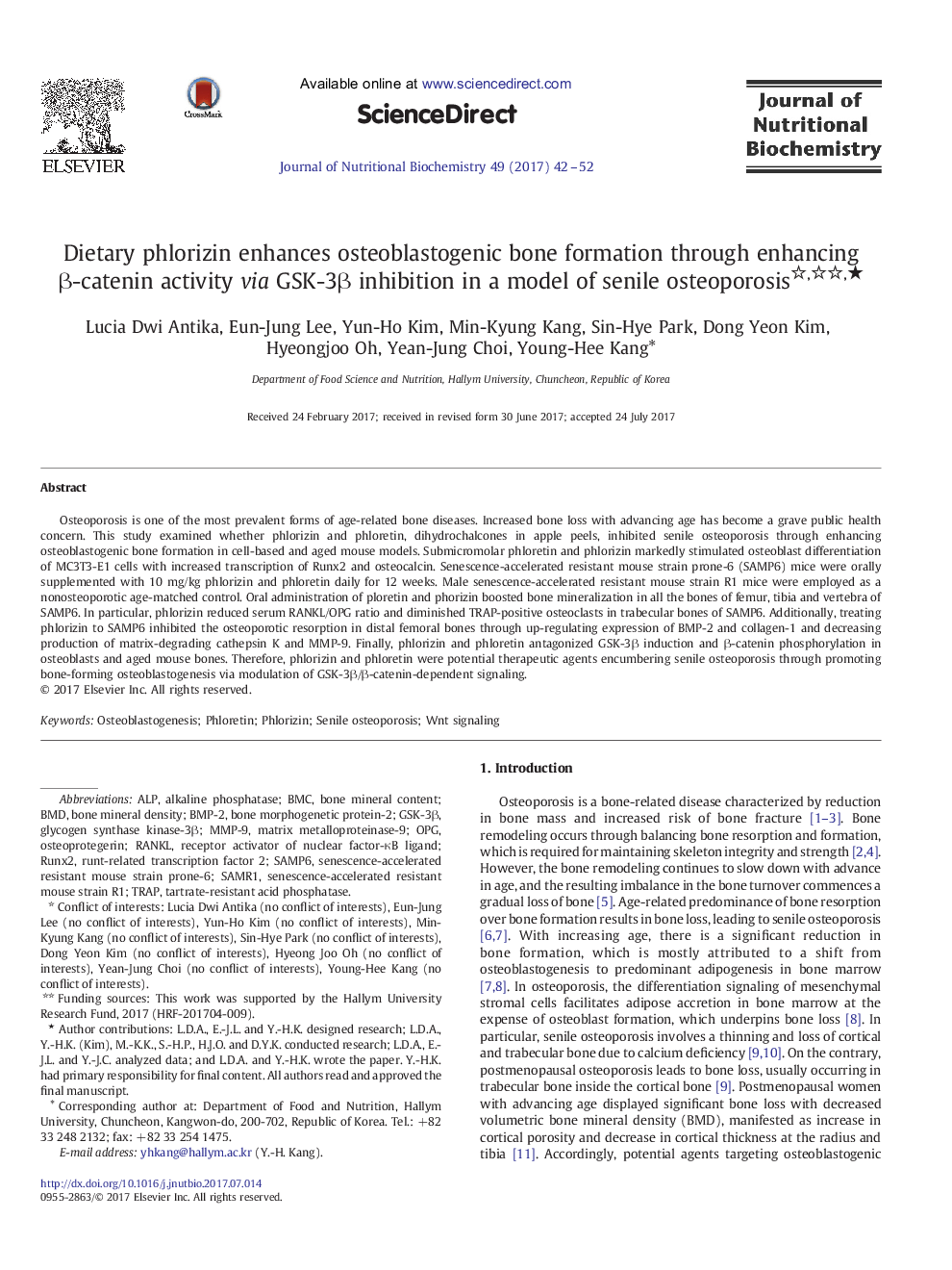 Dietary phlorizin enhances osteoblastogenic bone formation through enhancing Î²-catenin activity via GSK-3Î² inhibition in a model of senile osteoporosisâ