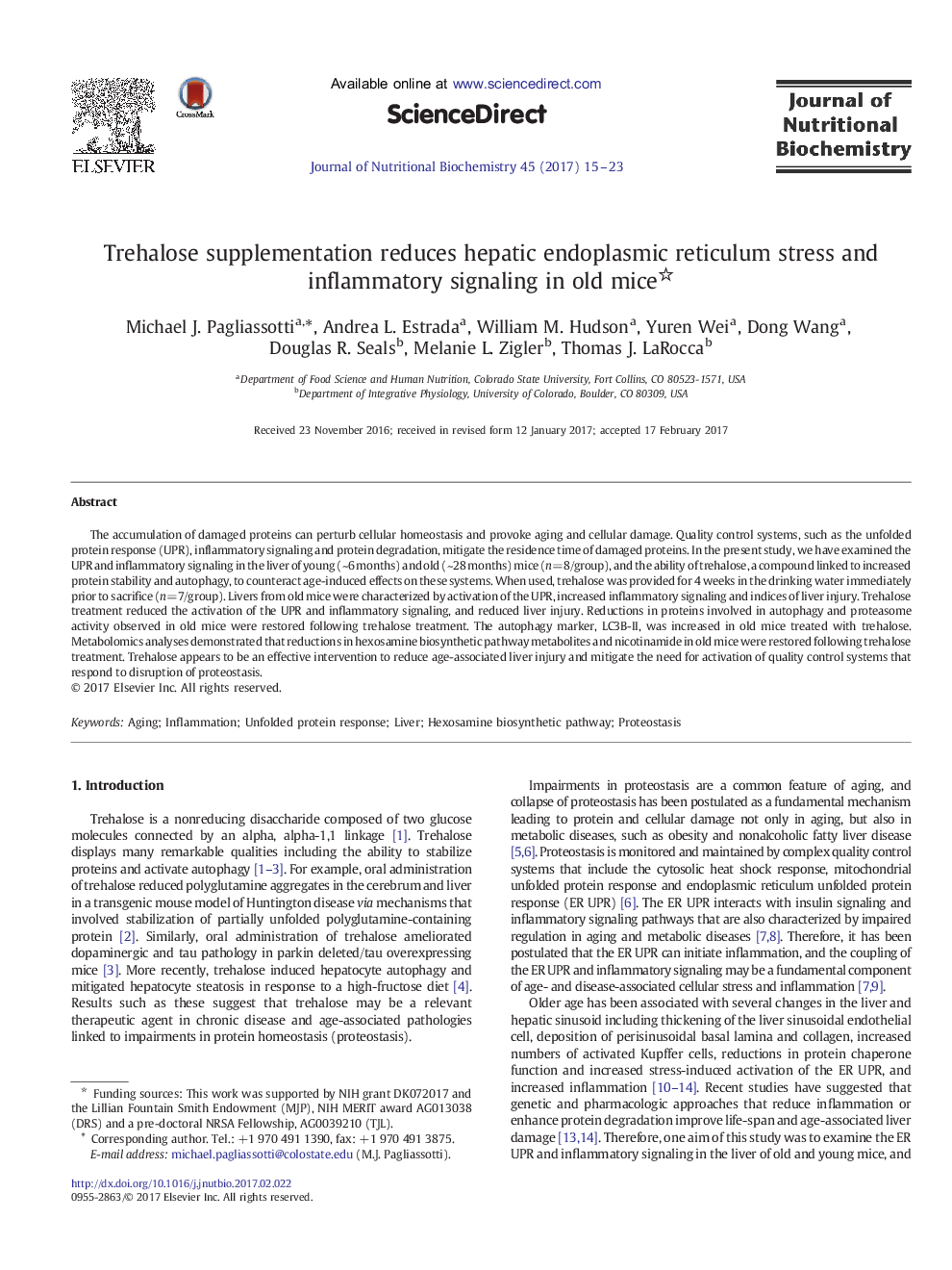 Trehalose supplementation reduces hepatic endoplasmic reticulum stress and inflammatory signaling in old mice