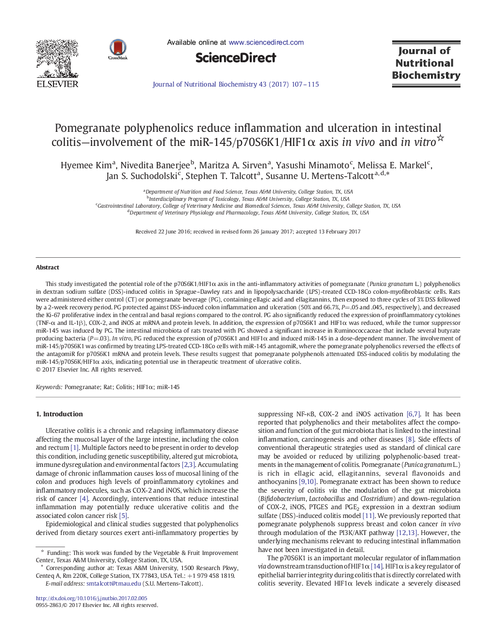 Pomegranate polyphenolics reduce inflammation and ulceration in intestinal colitis-involvement of the miR-145/p70S6K1/HIF1Î± axis in vivo and in vitro