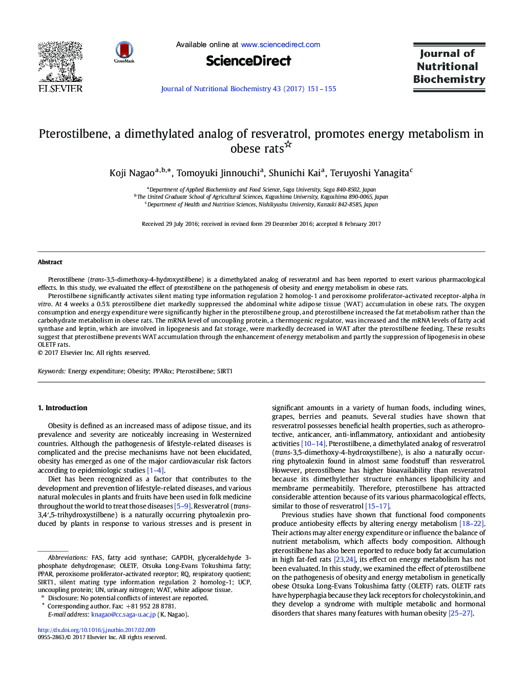 Research ArticlePterostilbene, a dimethylated analog of resveratrol, promotes energy metabolism in obese rats