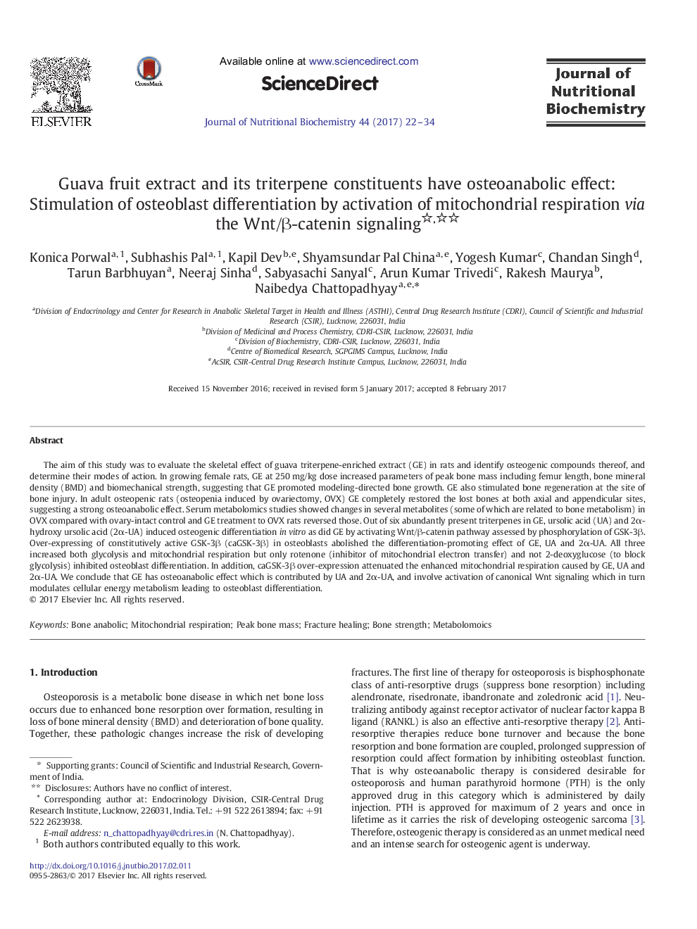 Research ArticleGuava fruit extract and its triterpene constituents have osteoanabolic effect: Stimulation of osteoblast differentiation by activation of mitochondrial respiration via the Wnt/Î²-catenin signaling