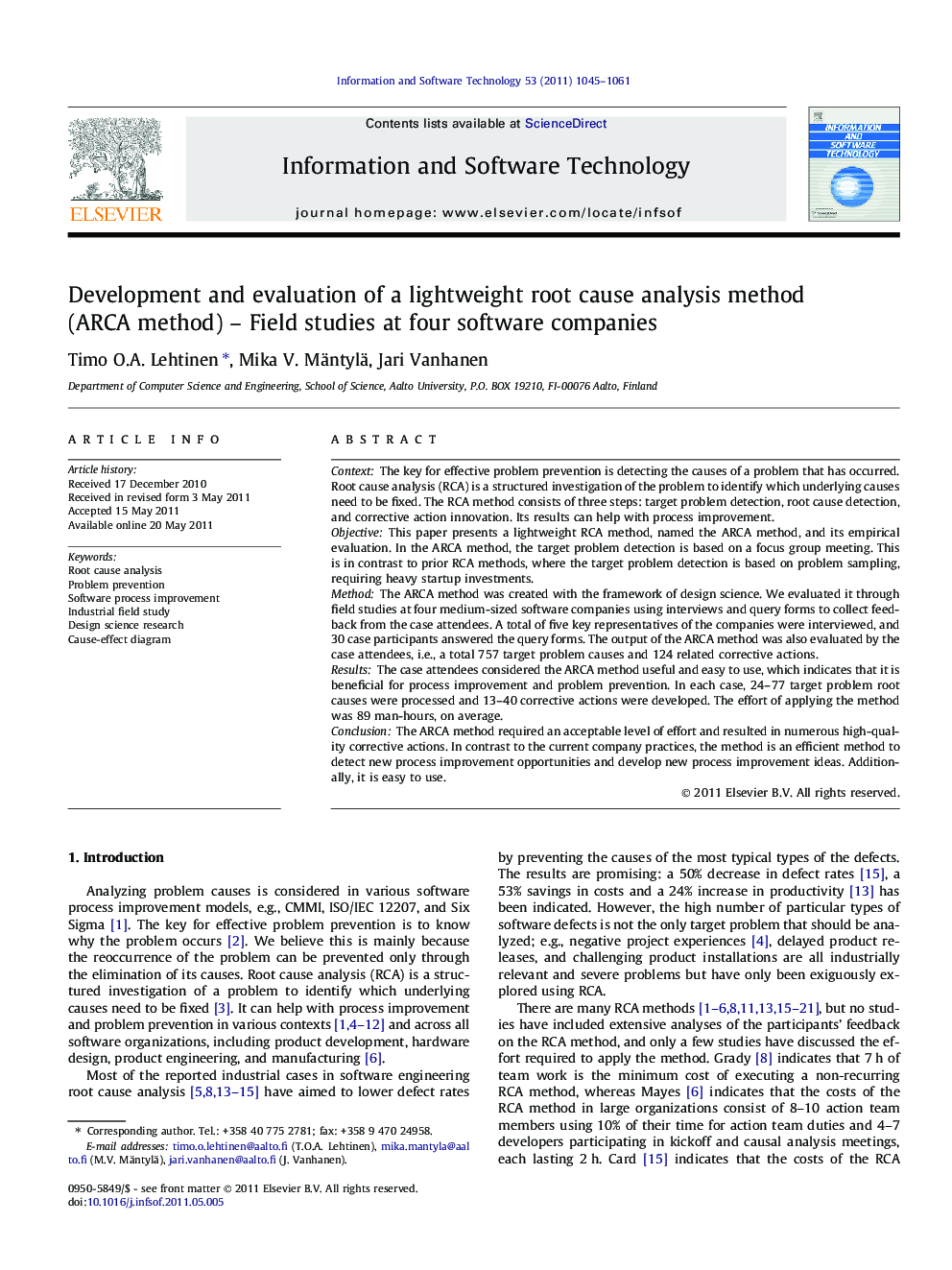 Development and evaluation of a lightweight root cause analysis method (ARCA method) – Field studies at four software companies
