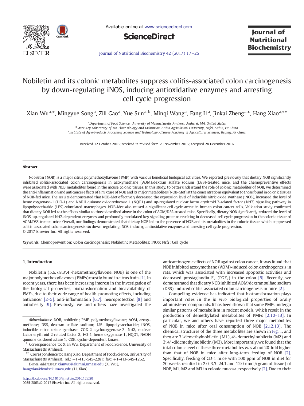 Nobiletin and its colonic metabolites suppress colitis-associated colon carcinogenesis by down-regulating iNOS, inducing antioxidative enzymes and arresting cell cycle progression