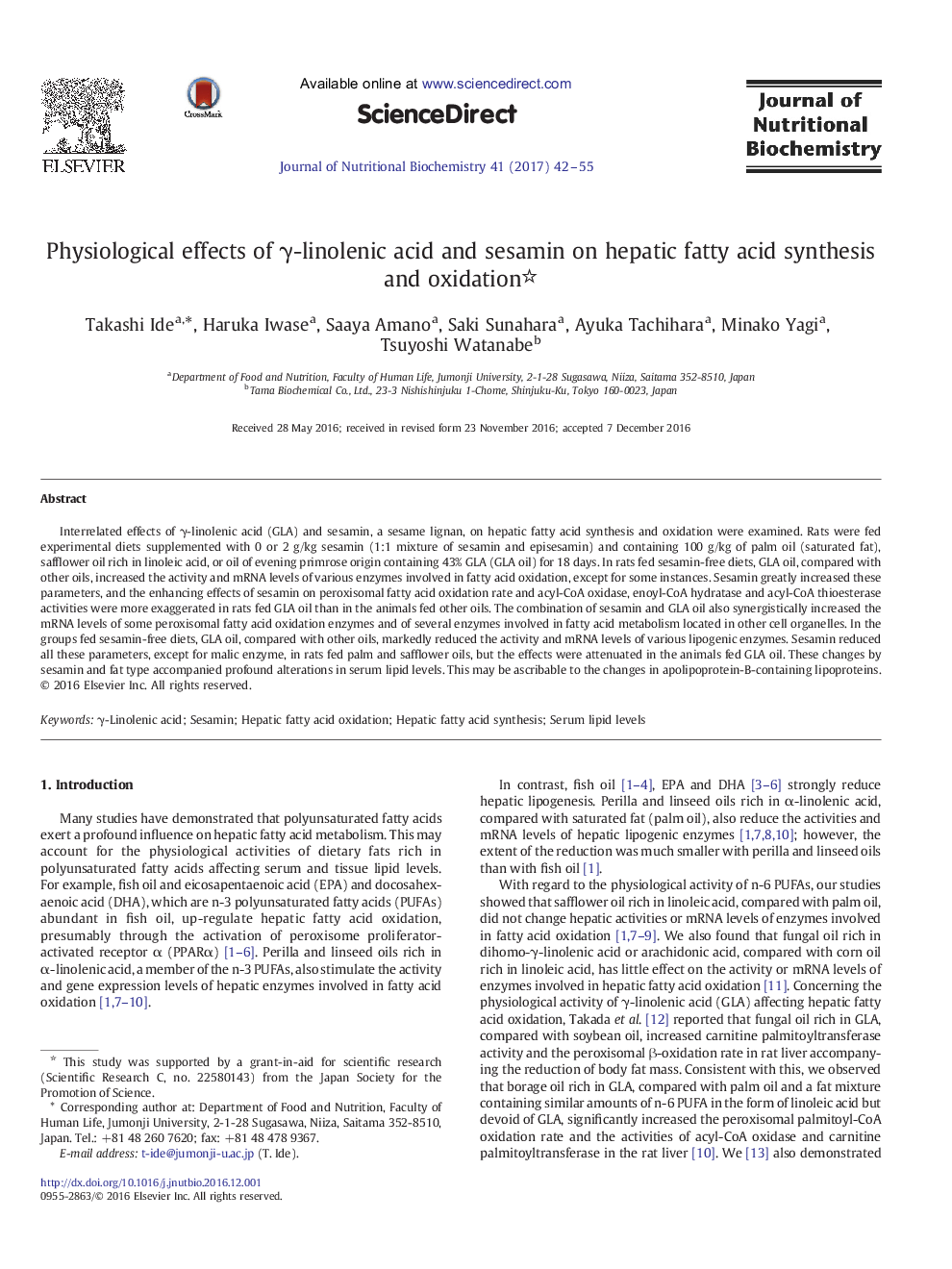 Research ArticlePhysiological effects of Î³-linolenic acid and sesamin on hepatic fatty acid synthesis and oxidation