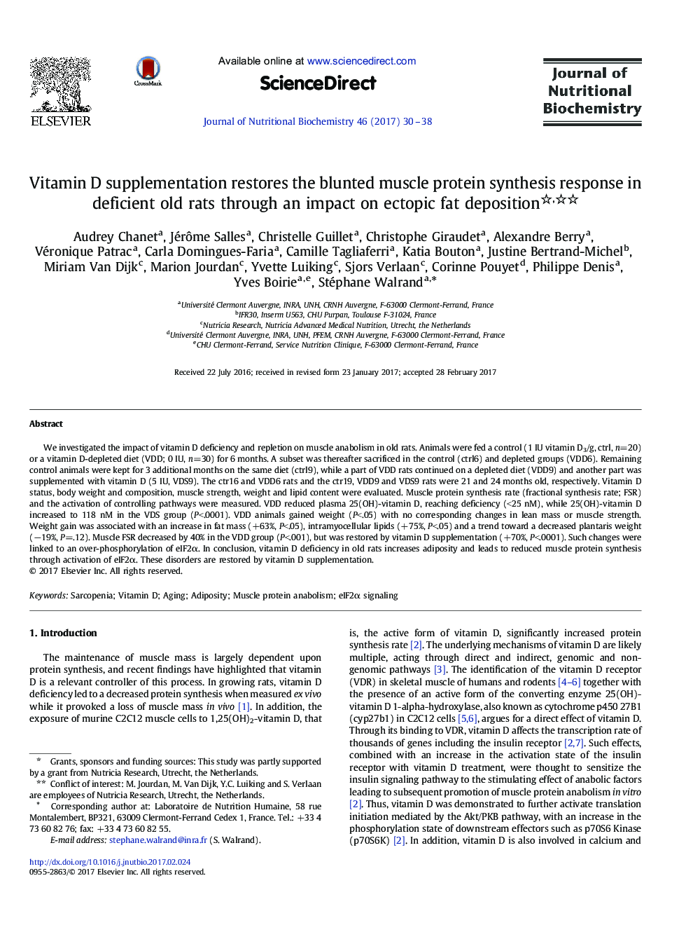 Research ArticleVitamin D supplementation restores the blunted muscle protein synthesis response in deficient old rats through an impact on ectopic fat deposition