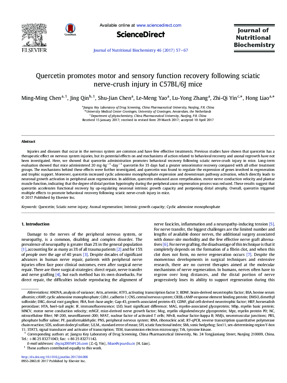 Research ArticleQuercetin promotes motor and sensory function recovery following sciatic nerve-crush injury in C57BL/6J mice