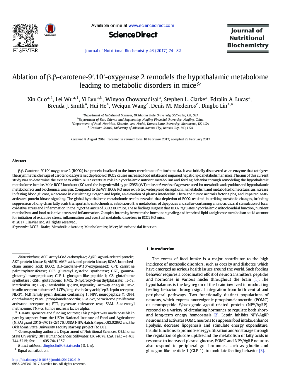 Ablation of Î²,Î²-carotene-9â²,10â²-oxygenase 2 remodels the hypothalamic metabolome leading to metabolic disorders in mice