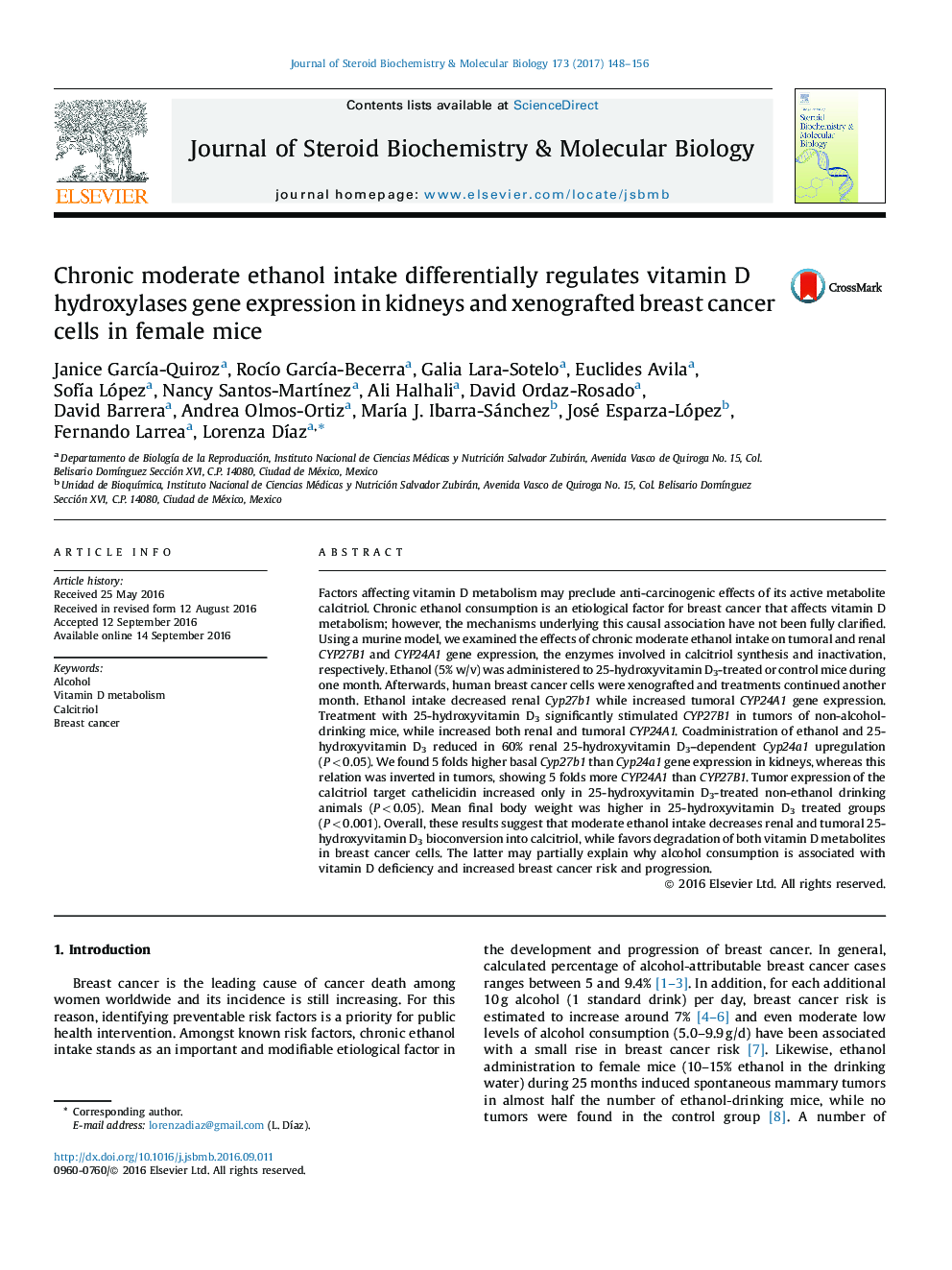 Chronic moderate ethanol intake differentially regulates vitamin D hydroxylases gene expression in kidneys and xenografted breast cancer cells in female mice