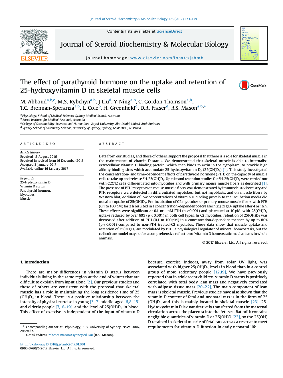 The effect of parathyroid hormone on the uptake and retention of 25-hydroxyvitamin D in skeletal muscle cells