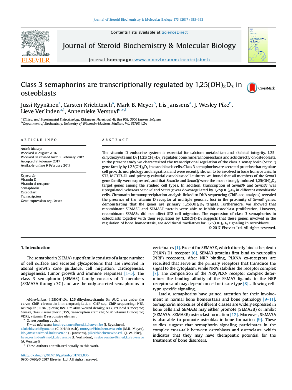 Class 3 semaphorins are transcriptionally regulated by 1,25(OH)2D3 in osteoblasts