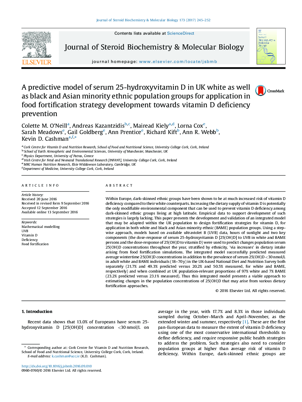 A predictive model of serum 25-hydroxyvitamin D in UK white as well as black and Asian minority ethnic population groups for application in food fortification strategy development towards vitamin D deficiency prevention