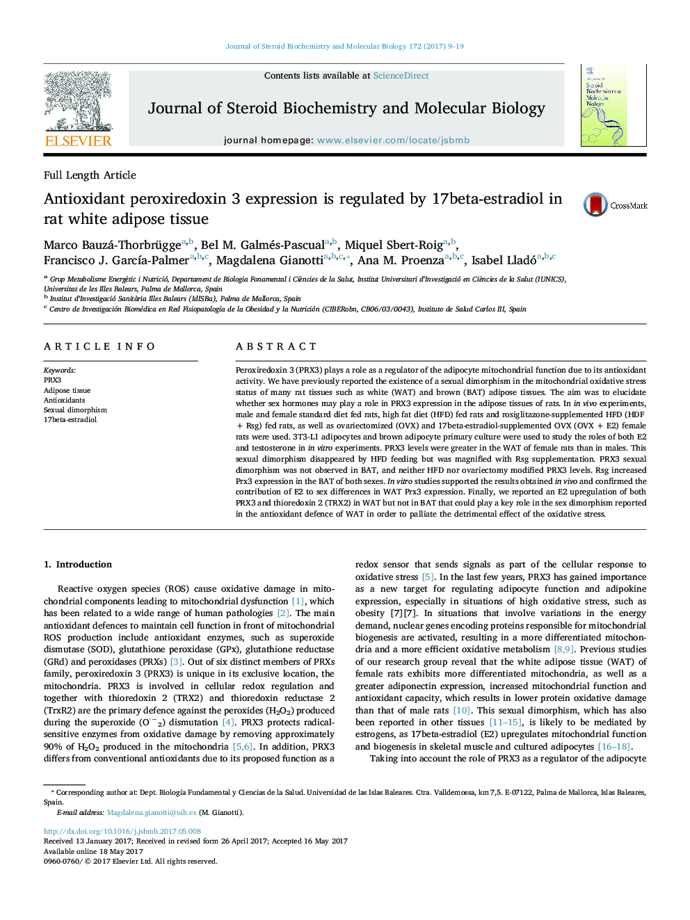 Full Length ArticleAntioxidant peroxiredoxin 3 expression is regulated by 17beta-estradiol in rat white adipose tissue