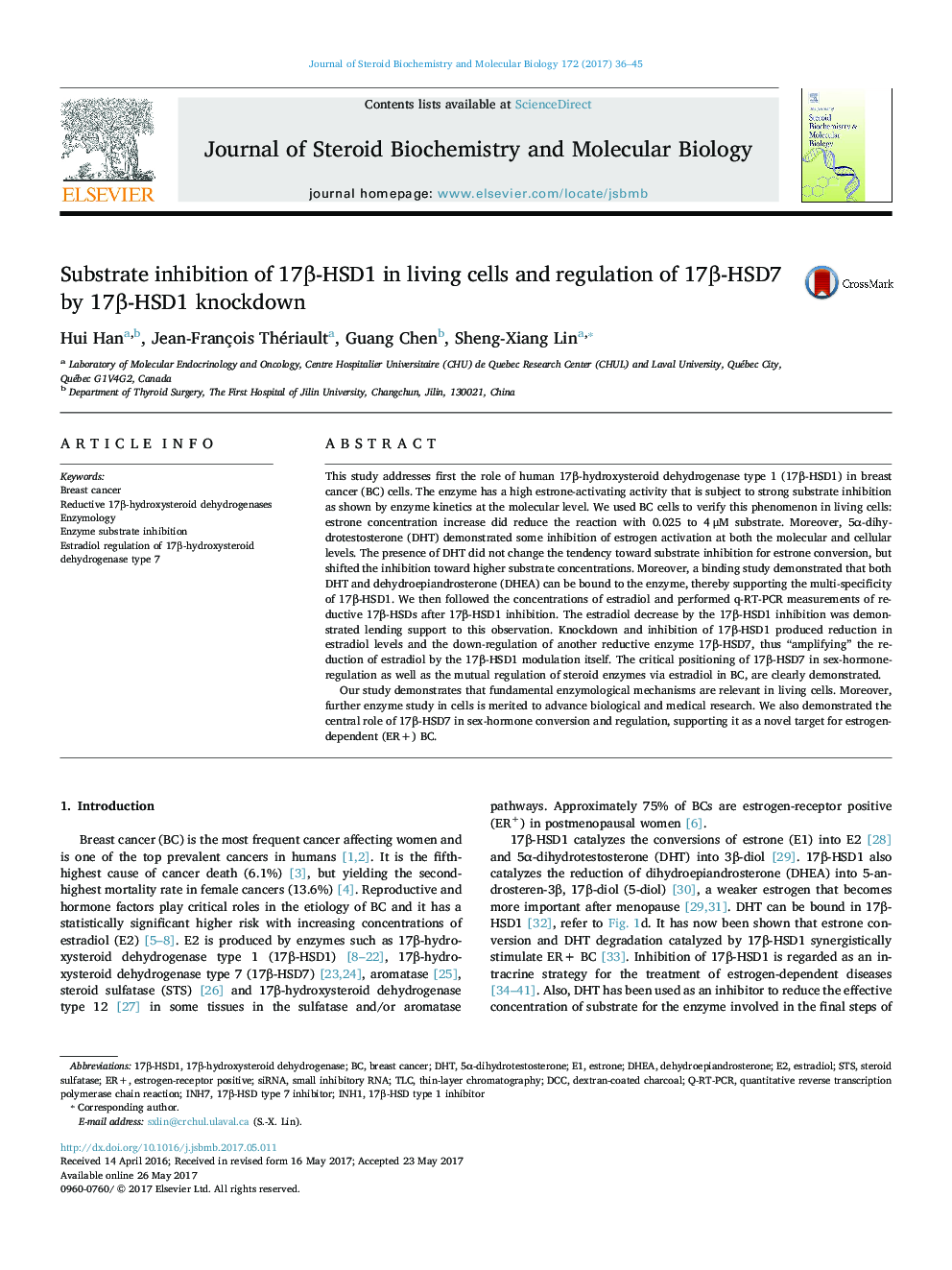 Substrate inhibition of 17Î²-HSD1 in living cells and regulation of 17Î²-HSD7 by 17Î²-HSD1 knockdown