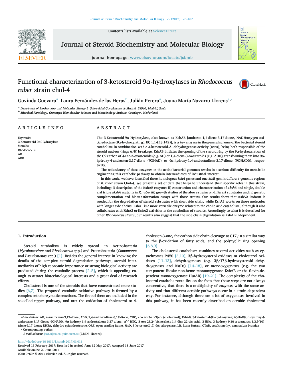 Functional characterization of 3-ketosteroid 9Î±-hydroxylases in Rhodococcus ruber strain chol-4