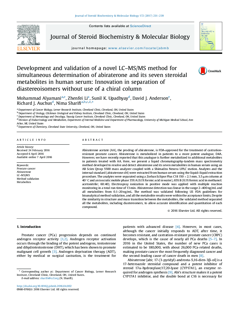 Development and validation of a novel LC-MS/MS method for simultaneous determination of abiraterone and its seven steroidal metabolites in human serum: Innovation in separation of diastereoisomers without use of a chiral column