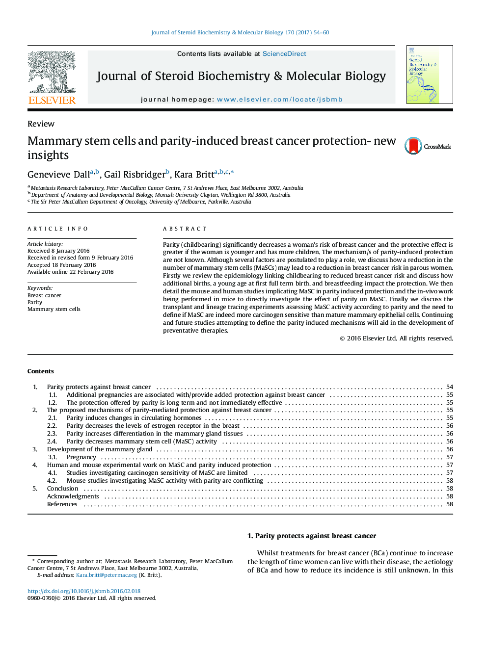 ReviewMammary stem cells and parity-induced breast cancer protection- new insights